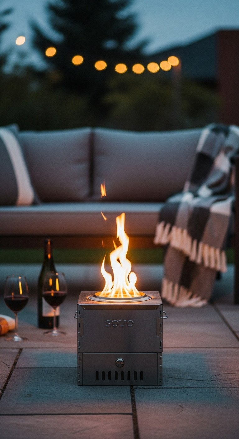 Sleek stainless steel smokeless fire pit with glowing flames on a modern backyard patio under string lights at dusk.