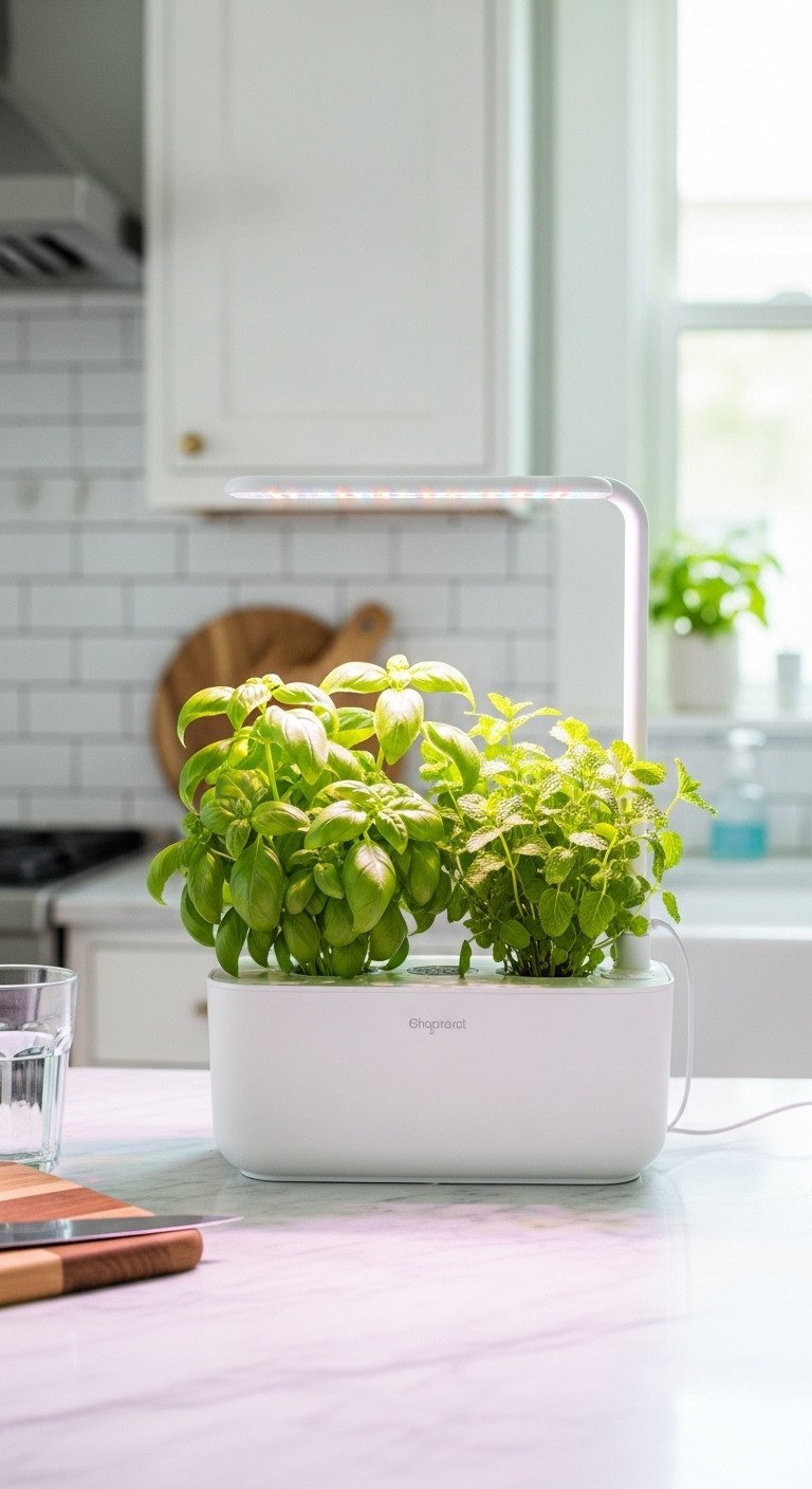 Sleek white indoor smart garden with LED grow light thriving with fresh basil and mint on a white marble kitchen counter.