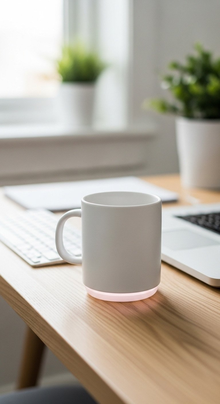 Sleek white smart mug with a glowing base on a minimalist oak desk, next to a laptop in a modern home office setting.