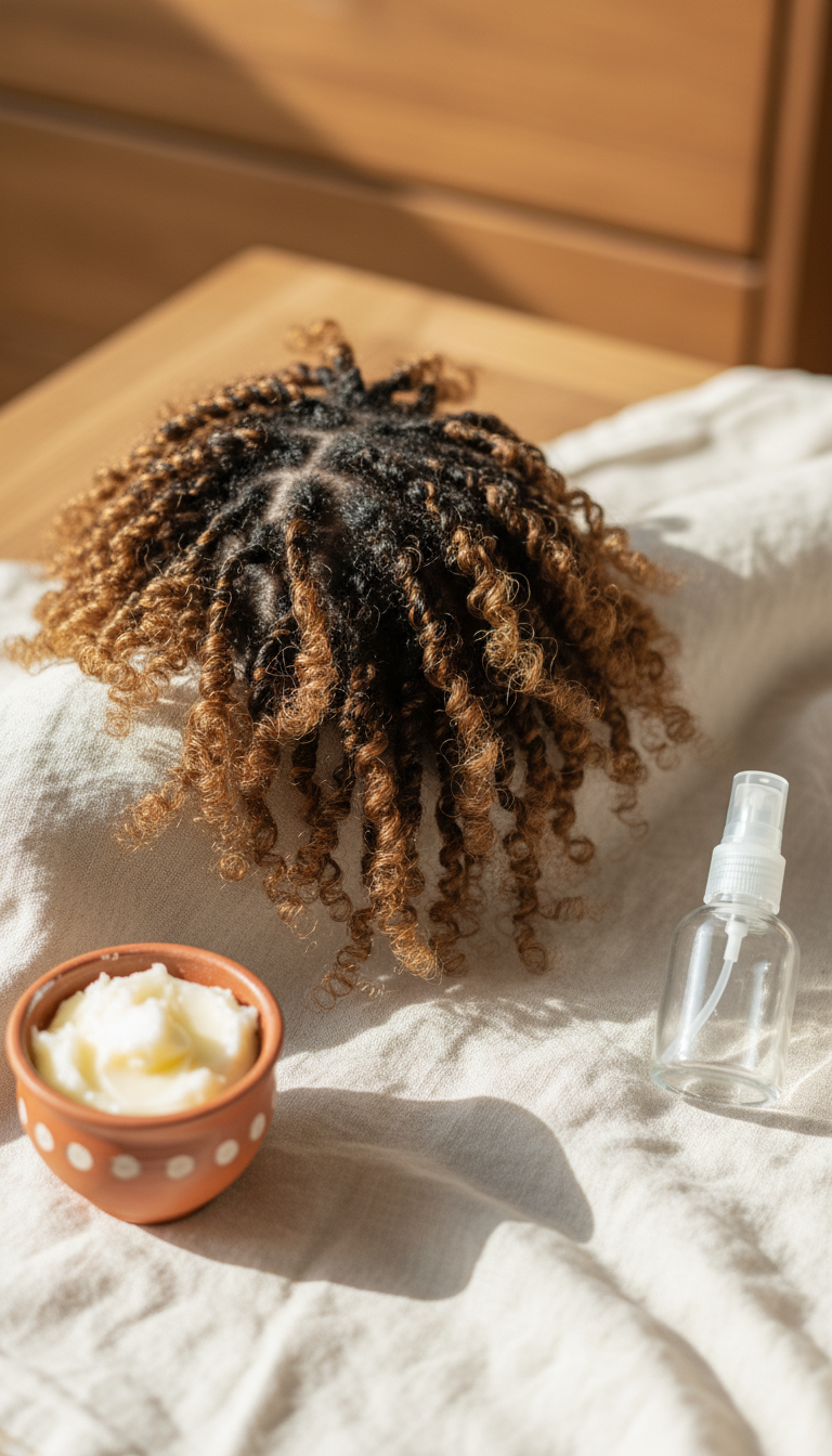 Small, defined mini twists on natural 4C hair, styled loosely with curl definition. Natural texture preserving style with shea butter, warm creams.