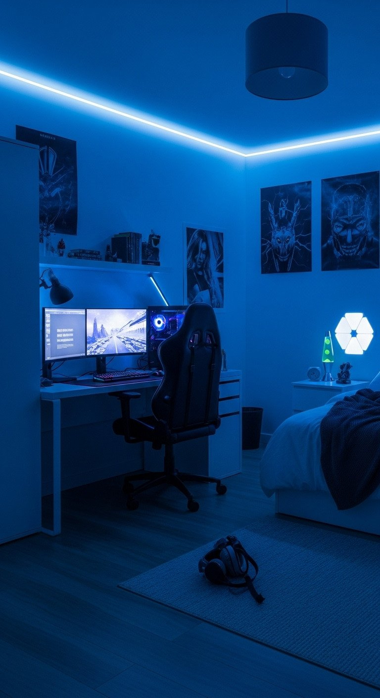 Smart LED strip lights installed on the wall cast a cool blue glow across a modern teen bedroom with a gaming desk setup.