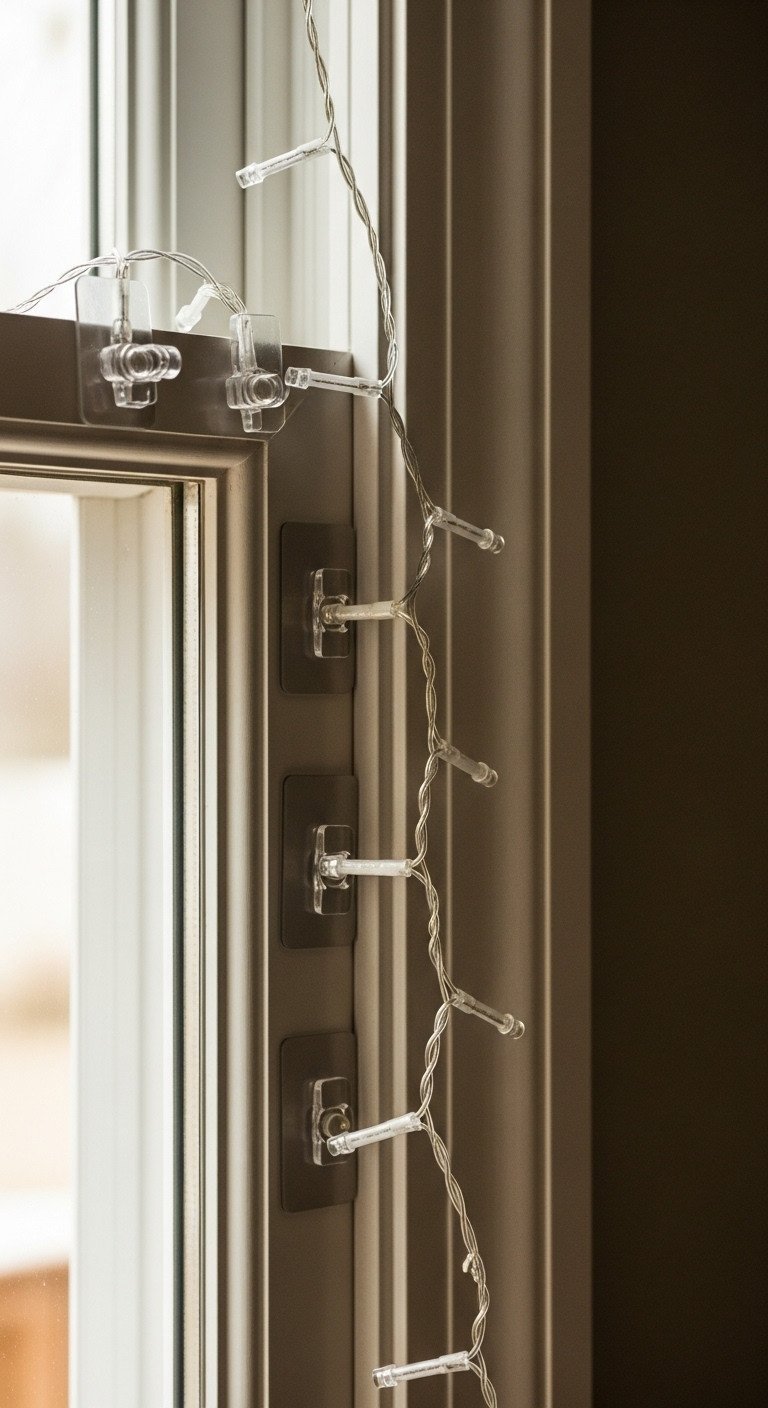 Smooth painted window frame outlined with clear Christmas light strings secured by small outdoor adhesive hooks, soft glow.