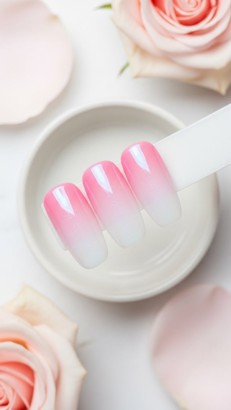 Smooth pink-to-white holographic ombre nails with iridescent pigment. Pristine finish on white ceramic dish, delicate rose petals, linen.