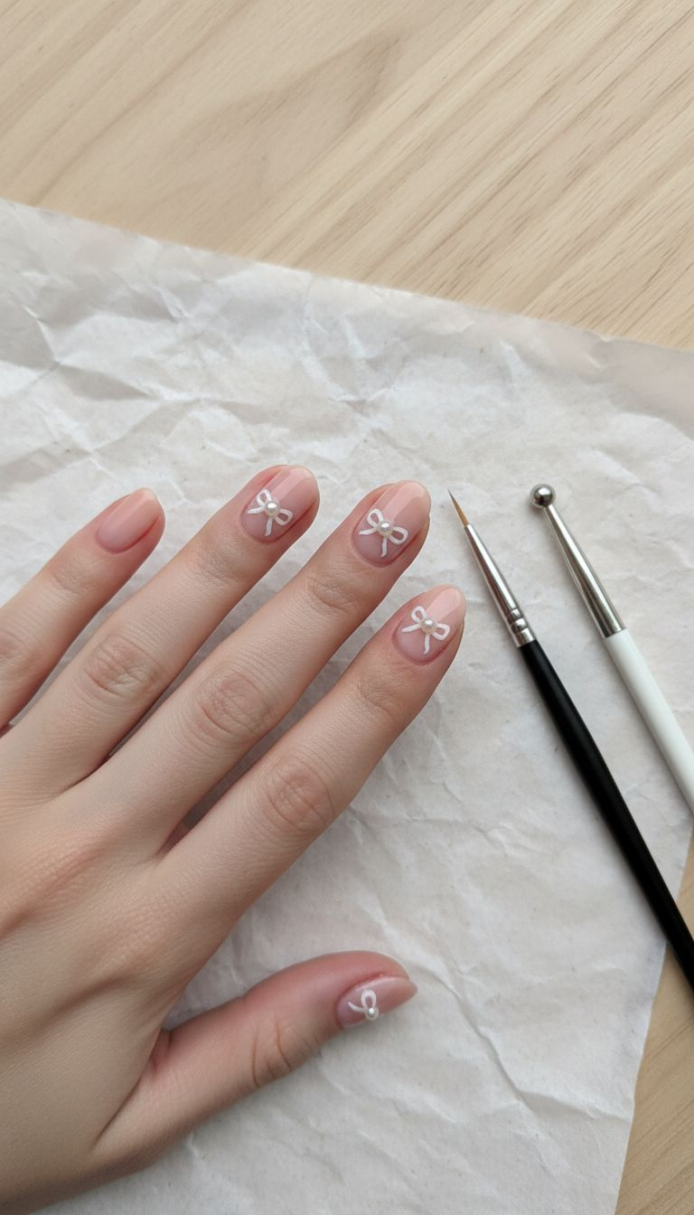 Soft neutral pink oval nails with delicate hand-painted white ribbon bows and pearls. DIY nail art with liner brush on white paper.