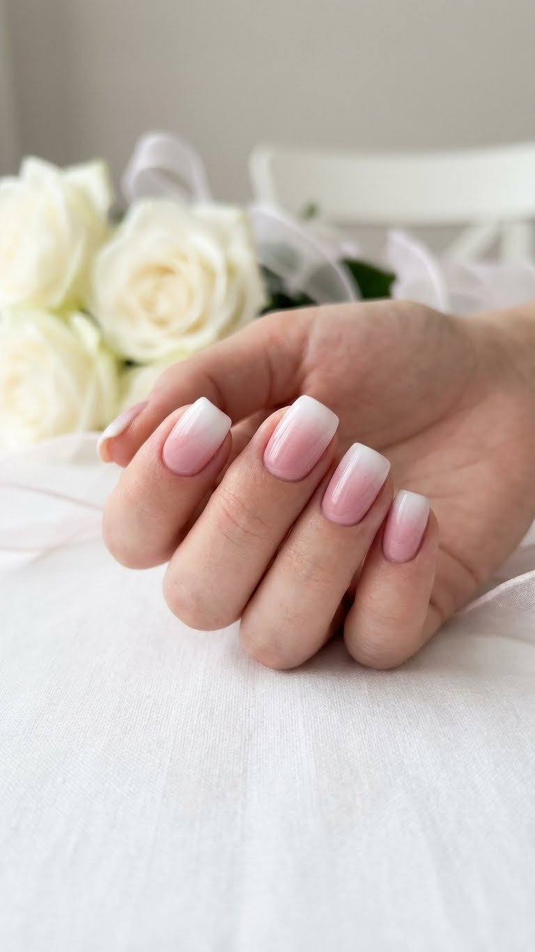 Soft pink and white ombre gel nails on clean white linen, accented with white roses in bright, airy daylight.