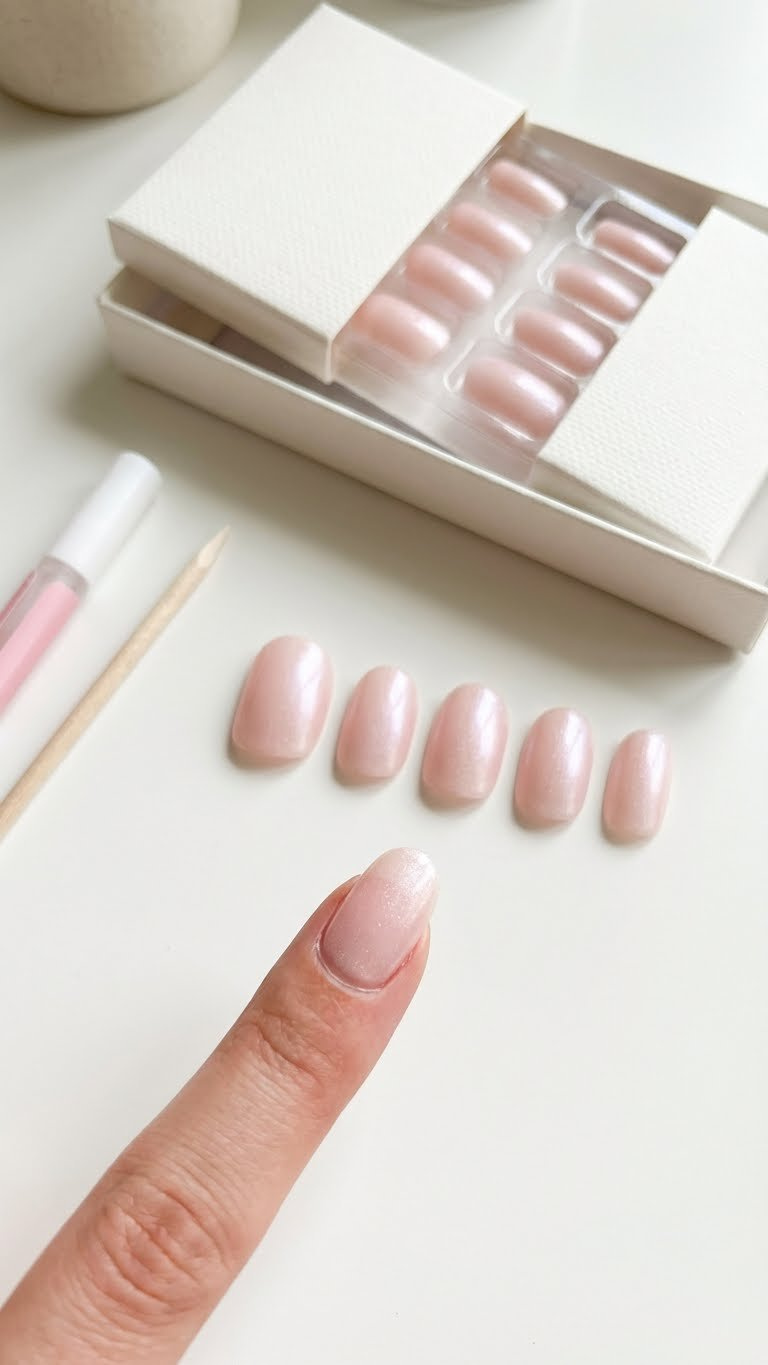 Soft pink press-on nails with subtle shimmer, one applied. Quick, easy application. Flat lay on white vanity with glue and packaging.