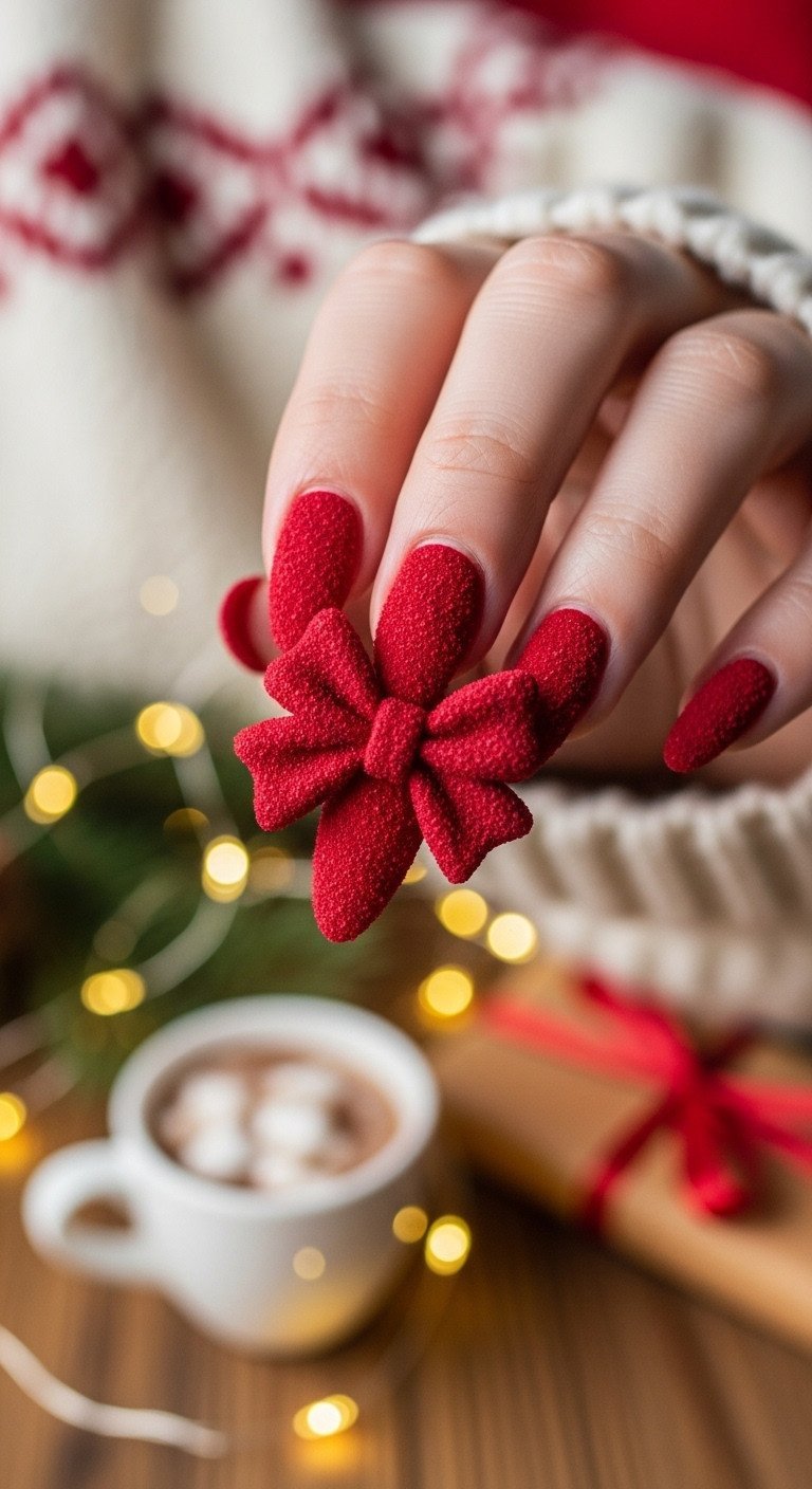 Soft red velvet flocked 3D bow nail art on an almond-shaped nail, showing fuzzy texture, with hot cocoa on a wooden table.