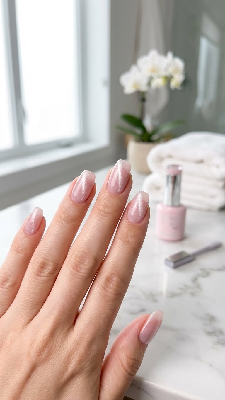 Soft sheer pink nails featuring subtle shimmering cat eye magnetic pigment line, on a marble counter in a spa environment.