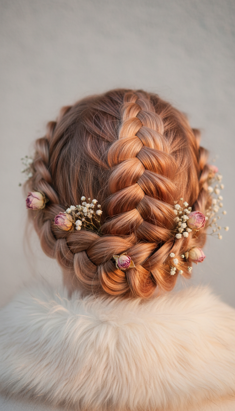 Soft strawberry blonde halo Dutch braid with pink undertones and dried flowers, over a faux fur collar.