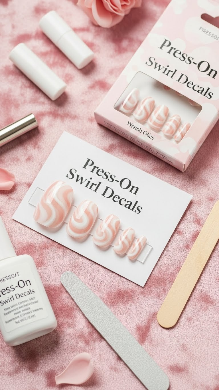 Soft white and blush pink swirl press-on nails on velvet. DIY manicure kit with glue, file, stick for easy home application.