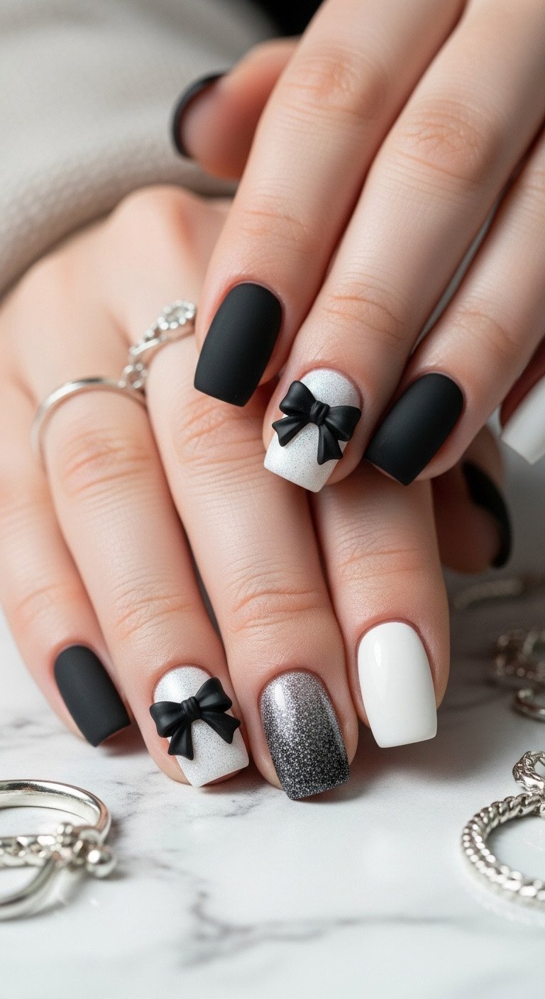 Sophisticated black and white matte shimmer bow nail design, elegant monochromatic contrast manicure, minimalist silver jewelry.