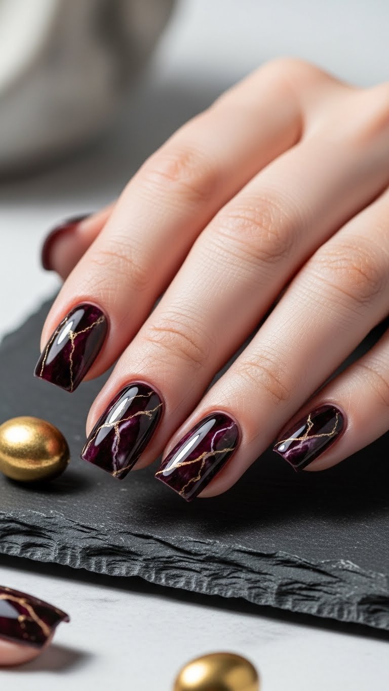 Sophisticated dark red marble nail art on square nails, blending burgundy, black, gold, on polished black slate.