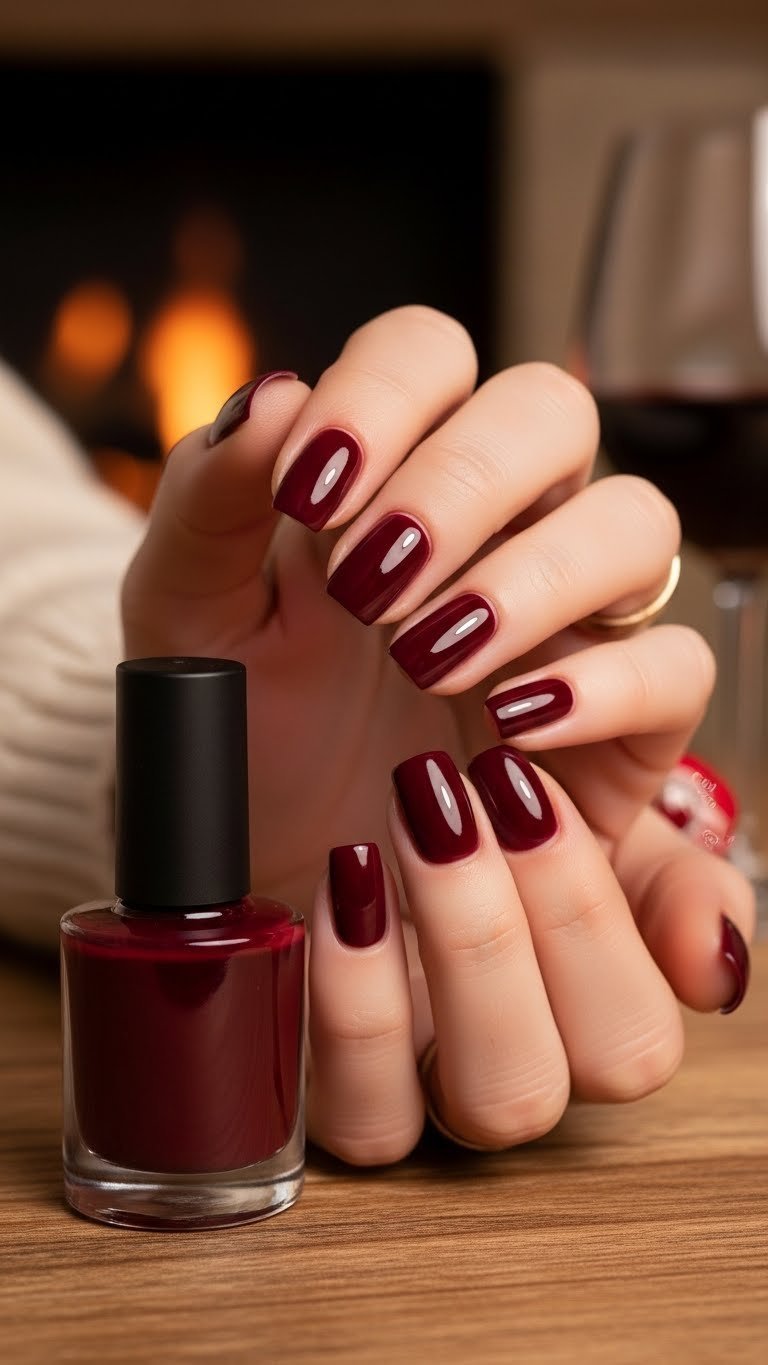 Sophisticated deep burgundy manicure on short square nails with a glossy finish, set on a rustic wooden table and cashmere throw.