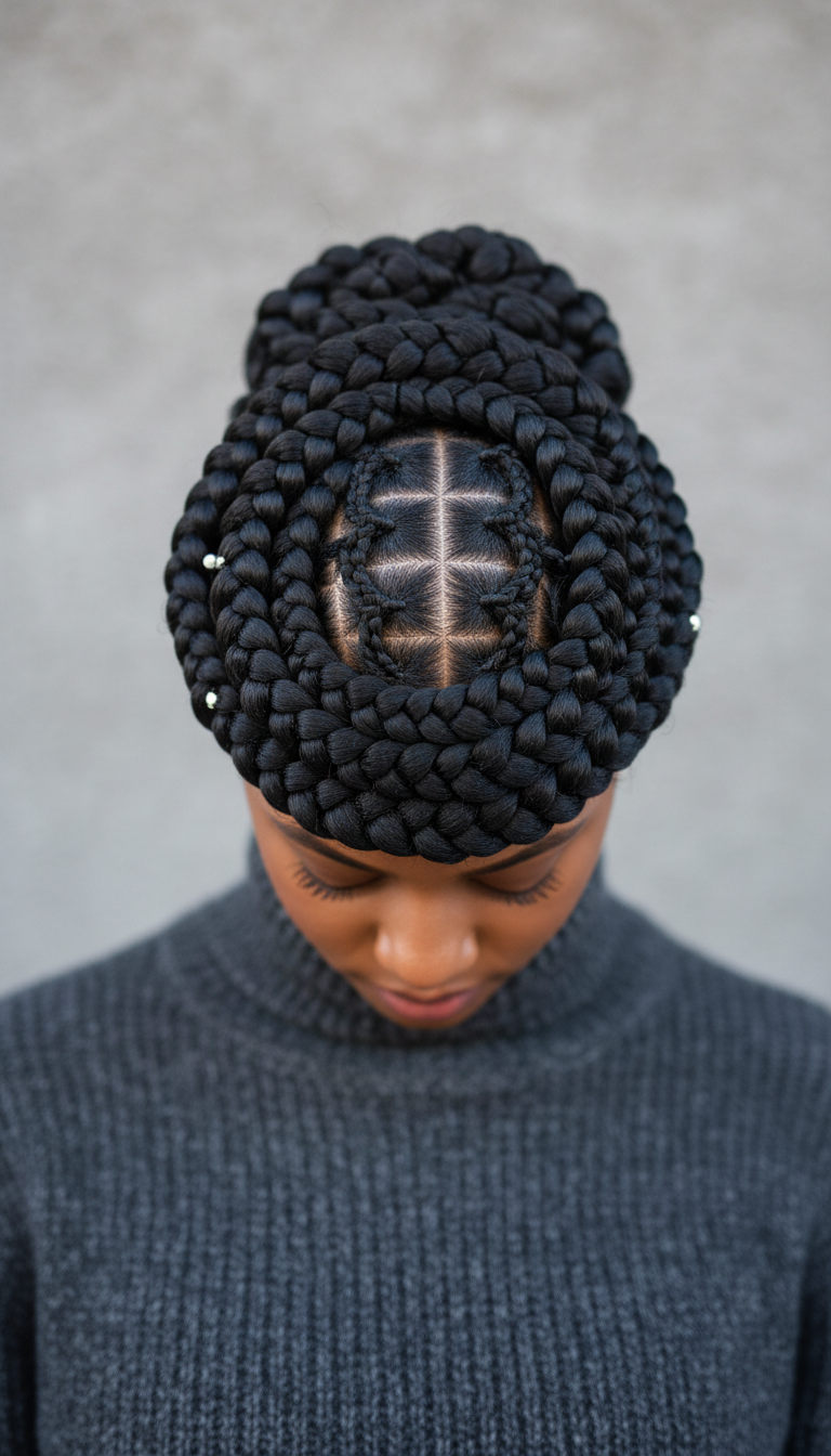 Sophisticated feed-in braids crafted into a high braided updo, showcasing clean lines, a sculpted crown, and pearl hairpins.