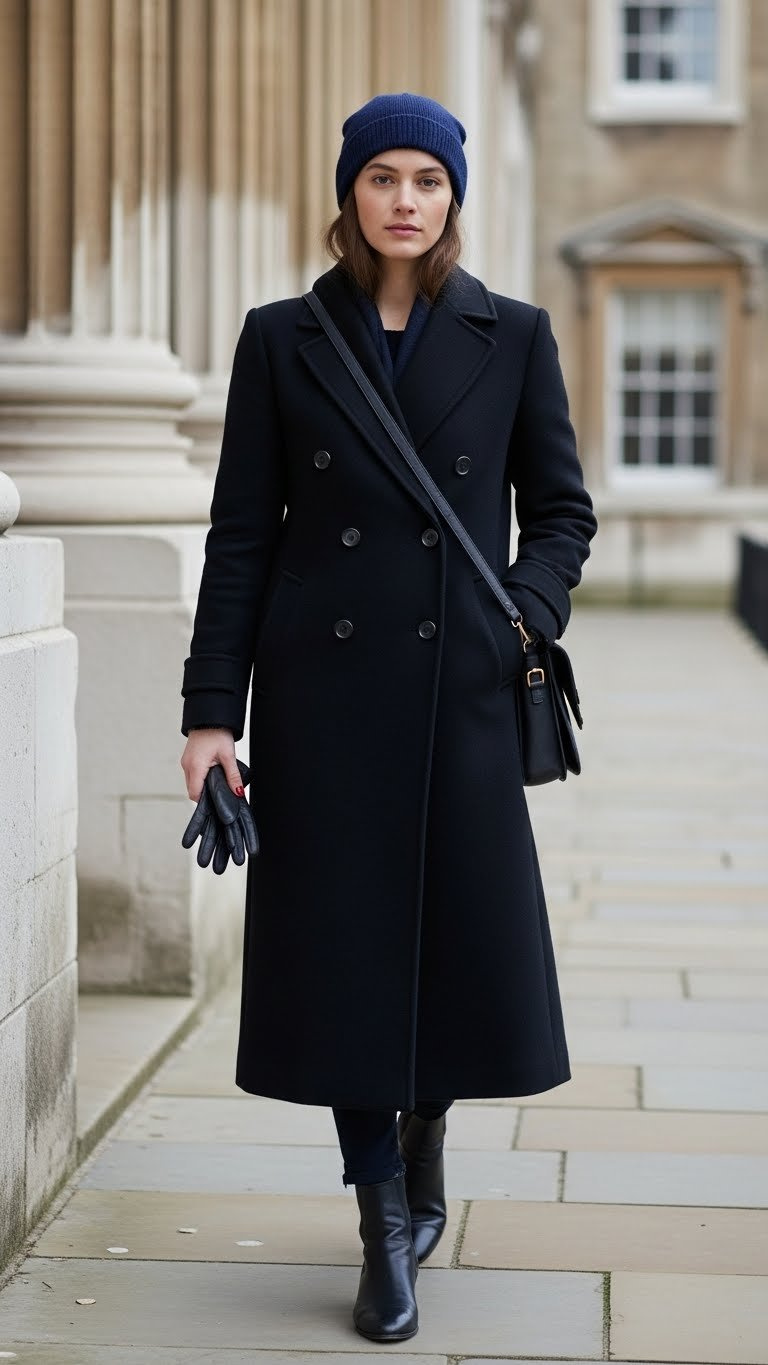 Sophisticated individual in a charcoal wool overcoat, leather satchel, and gloves near a classical university building facade.
