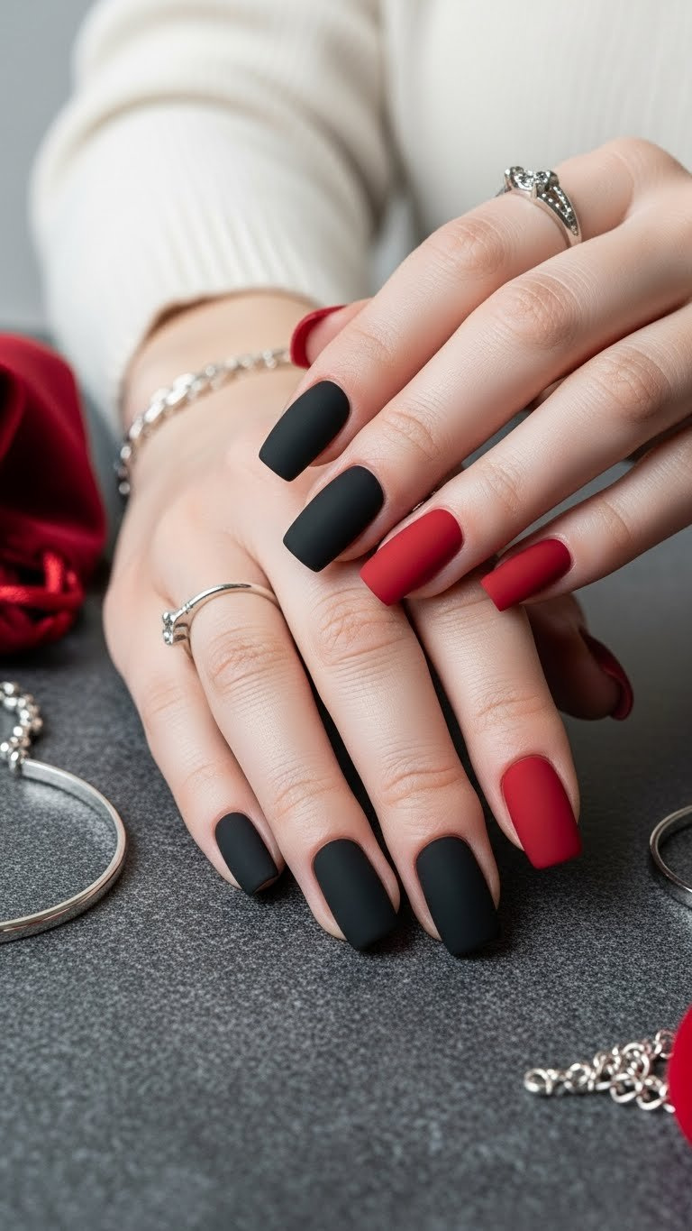 Sophisticated medium square nails with matte black and deep red polish, an elegant contrasting design on dark stone.