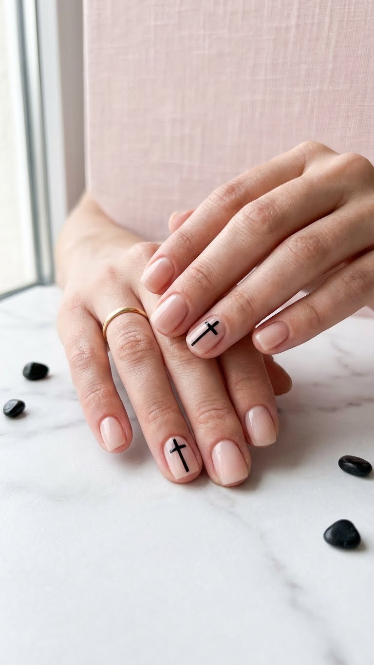 Sophisticated minimalist goth nails: squoval nude/pink base with crisp black vertical cross designs, subtle gold ring.
