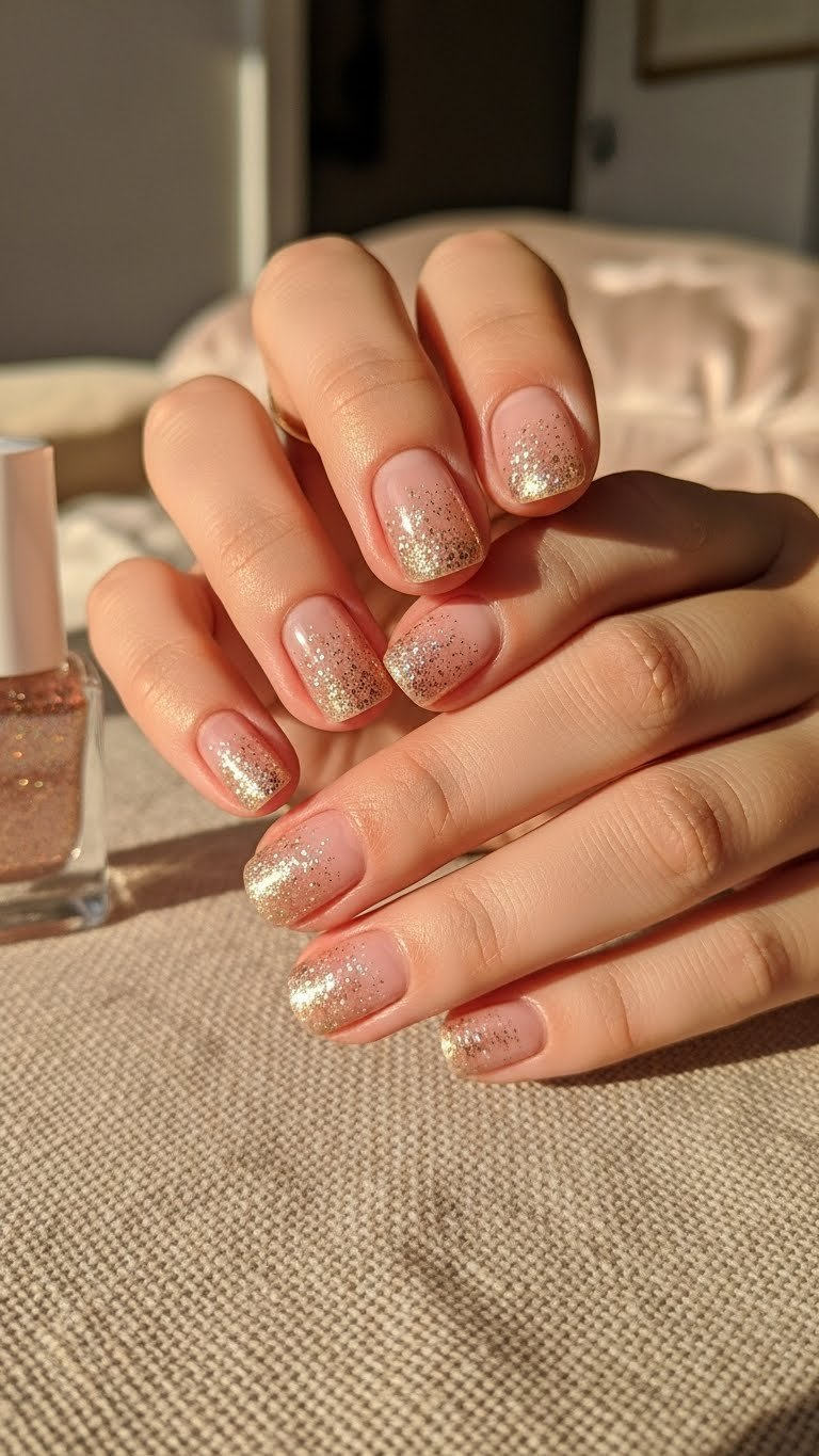 Sophisticated short Valentine's Day nails with a nude glitter fade, dense at cuticle, on a linen tablecloth.