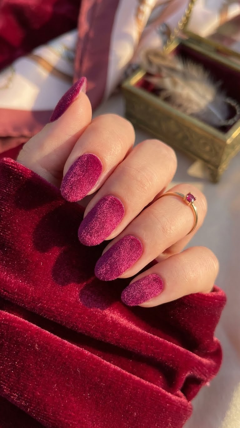 Sophisticated velvet gel nails in rich magenta, luxurious fuzzy texture on matching velvet fabric with warm light.