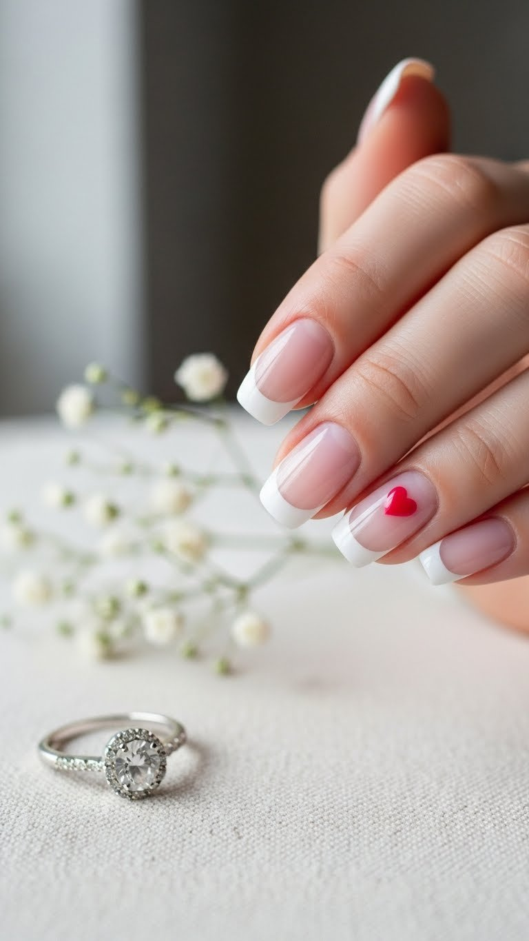 Sophisticated white French manicure with a delicate pink heart accent nail, elegant ring, and baby's breath. Perfect for lifestyle blogs.