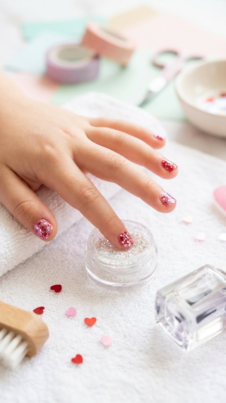 Sparkling pink and red chunky glitter on child's short nails, perfect for adorable Valentine's Day nail art for kids.
