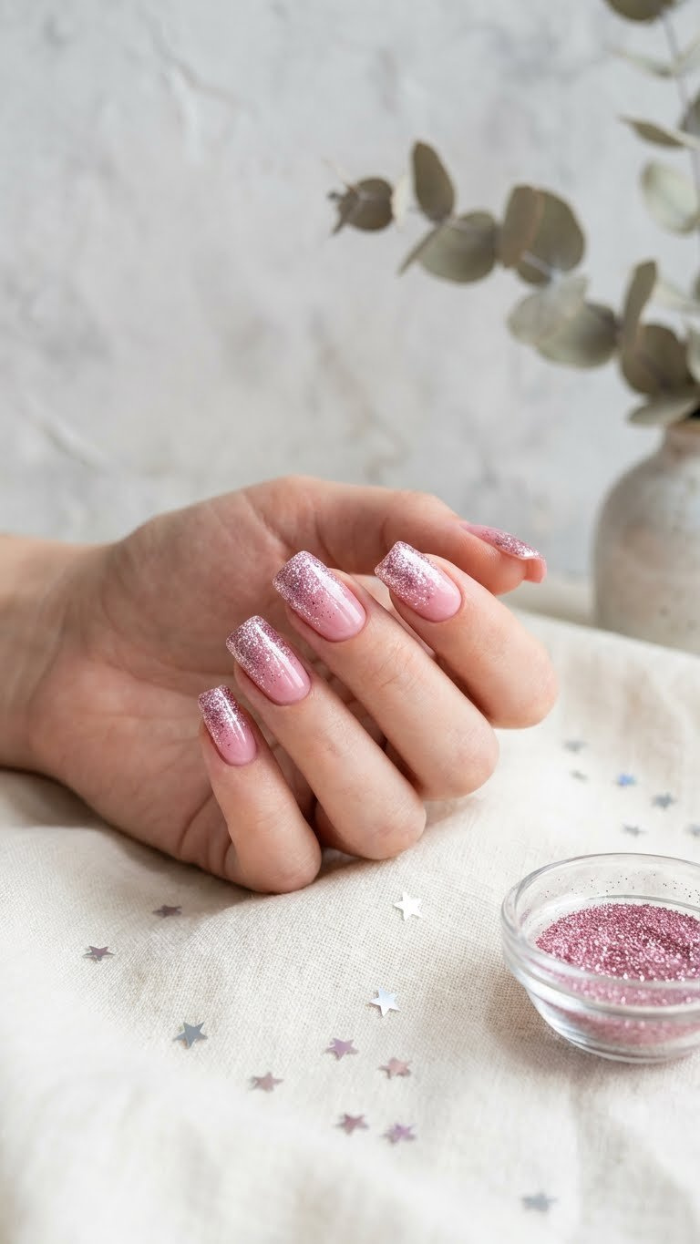 Sparkling pink and silver micro-glitter ombre tips on square nails. Flat lay on linen, with confetti and glitter bowl.