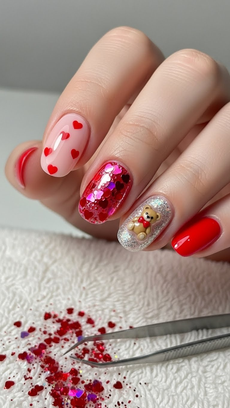 Sparkly Valentine's Day nails: pink & red oval nails with holographic glitter hearts and a tiny teddy bear accent decal.