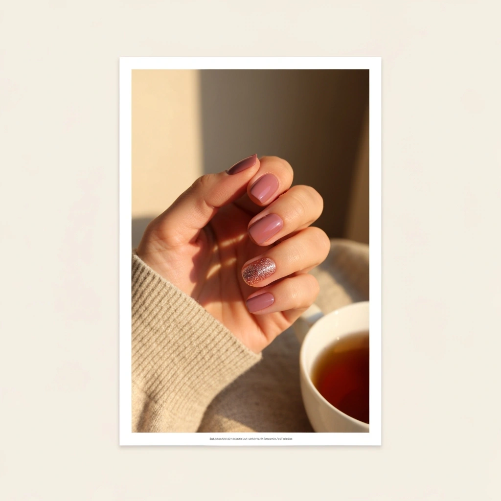 Sparkly simple Valentine nails: dusty rose manicure with a subtle rose gold glitter accent on one ring finger.