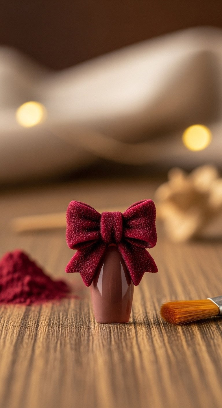 Square nail featuring a soft maroon velvet bow, showcasing rich, tactile texture, perfect for luxurious Christmas nails.
