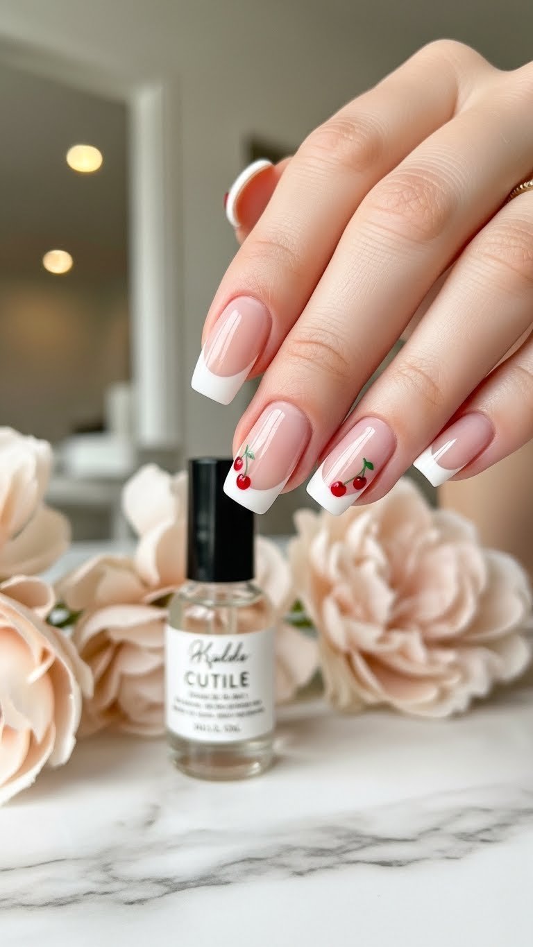 Square nails with classic white French tips and tiny red cherry accents, cuticle oil, on a marble counter.