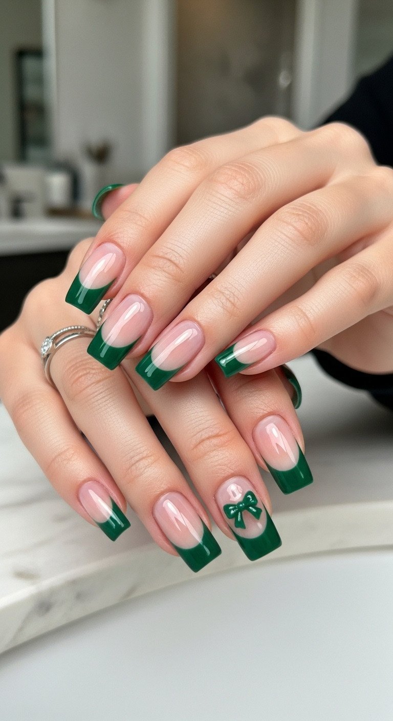 Square nails with glossy emerald green French tips and a tiny micro-bow decal on the ring finger, modern chic manicure.