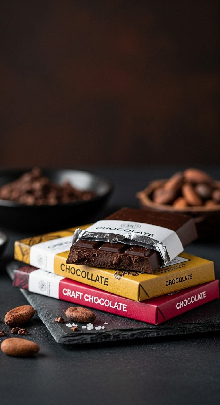 Stack of three artisanal chocolate bars on a dark slate surface, one unwrapped to show rich dark chocolate and sea salt.