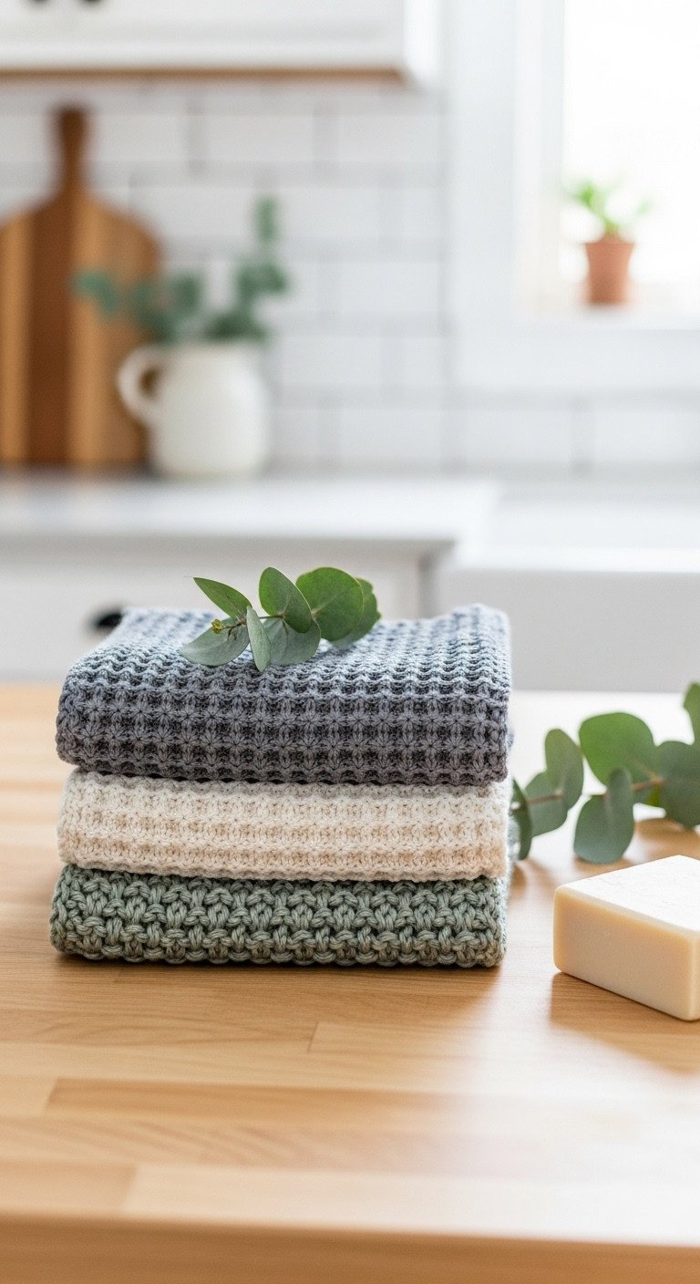 Stack of three hand-knit cotton dishcloths in sage, gray, and white with waffle and seed stitch textures in a kitchen.