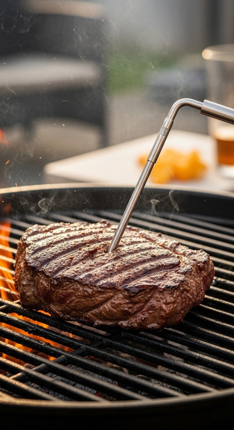 Stainless steel wireless meat thermometer probe checking the temperature of a thick-cut steak sizzling on a cast iron grill.