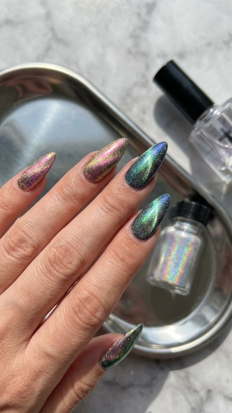 Stiletto multi-chrome iridescent cat eye nails, shifting colors, sparkling on a silver tray.