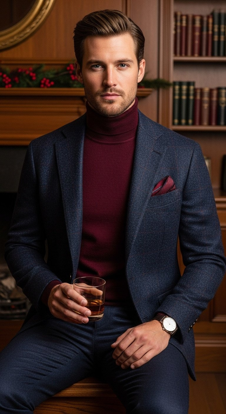 Stylish man in a burgundy merino wool turtleneck layered under a tailored navy tweed blazer, holding a glass of whiskey.