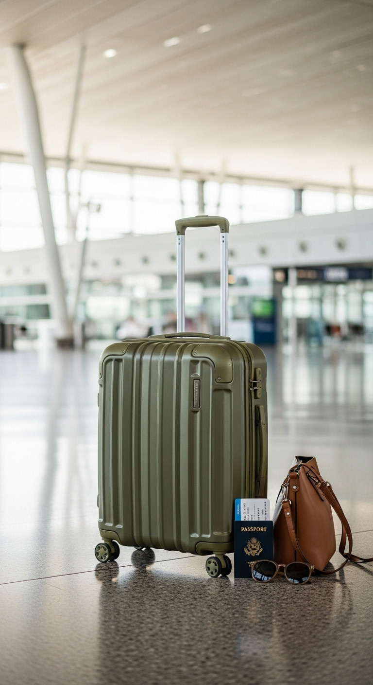 Stylish olive green hard-shell carry-on suitcase with a passport and sunglasses ready for travel in an airport.