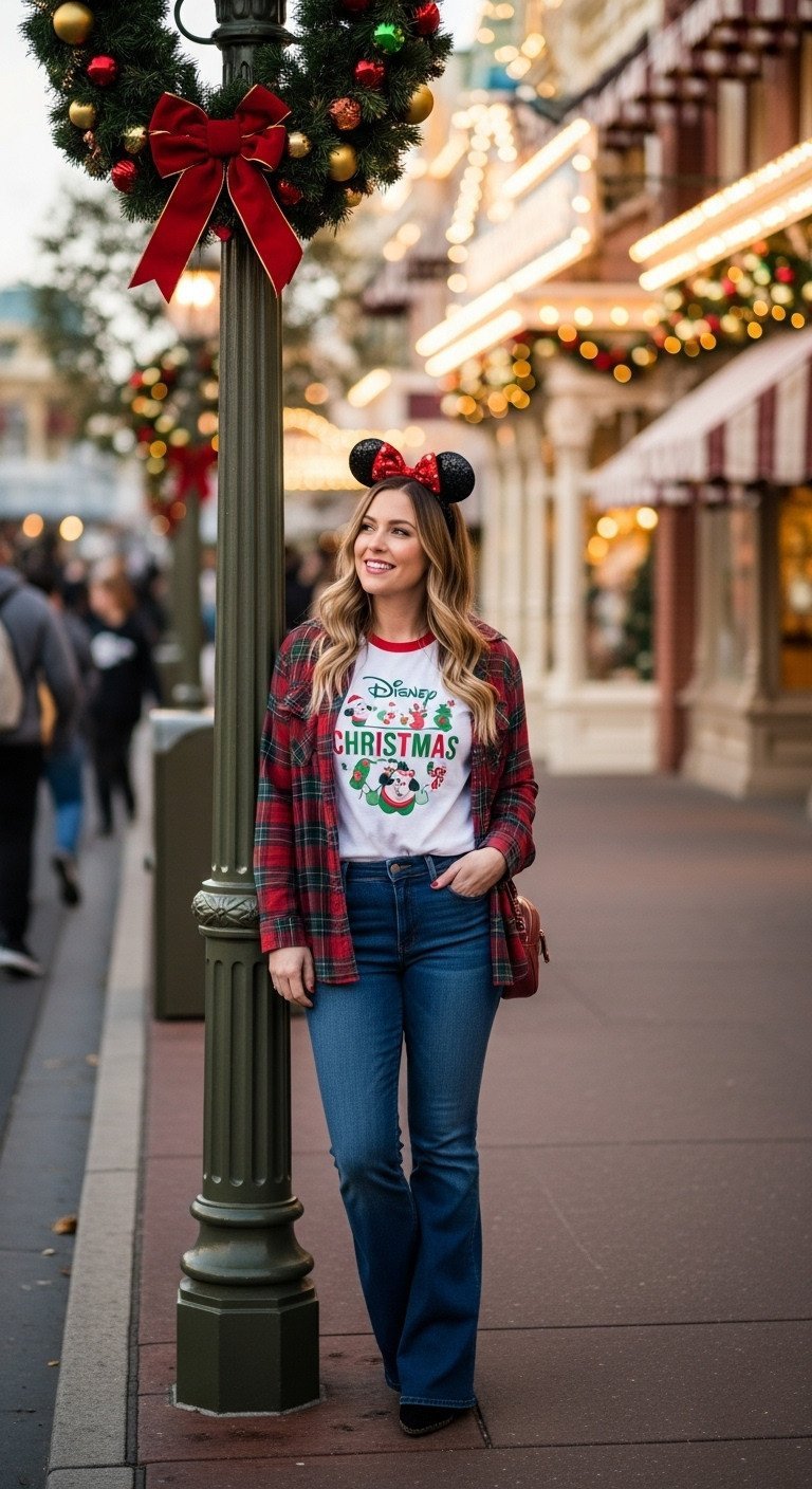 Stylish woman in a Disney Christmas tee and plaid flannel shirt leans on a festive lamp post on Main Street, U.S.A. at night.