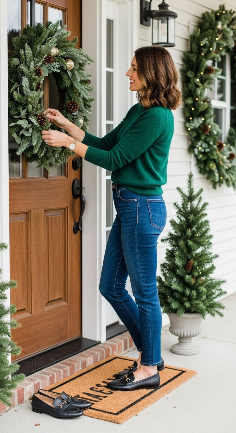 Stylish woman in a dark green cashmere sweater and denim jeans hangs a festive Christmas wreath on a rustic wooden door.