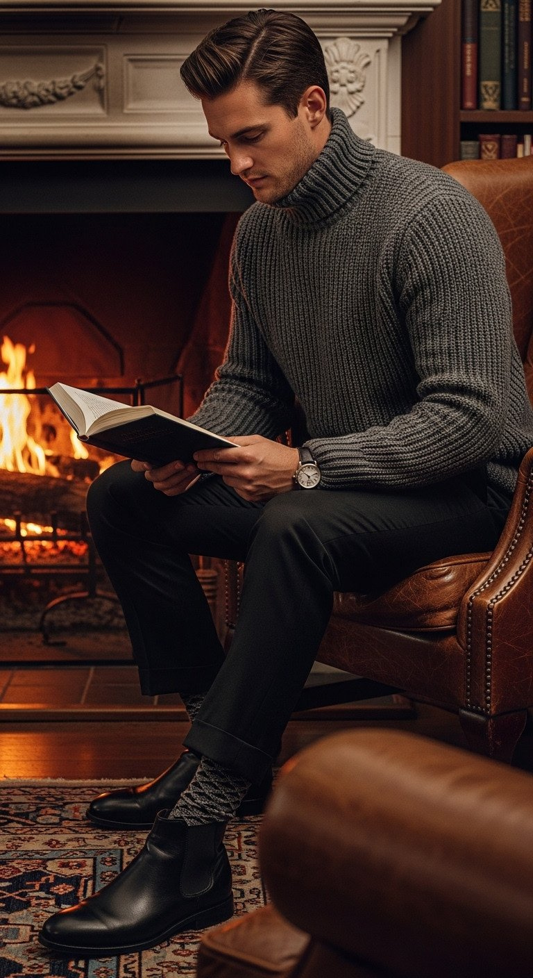 Stylish woman in a monochromatic winter white wool coat and trousers walks confidently down a snowy, festive city street.