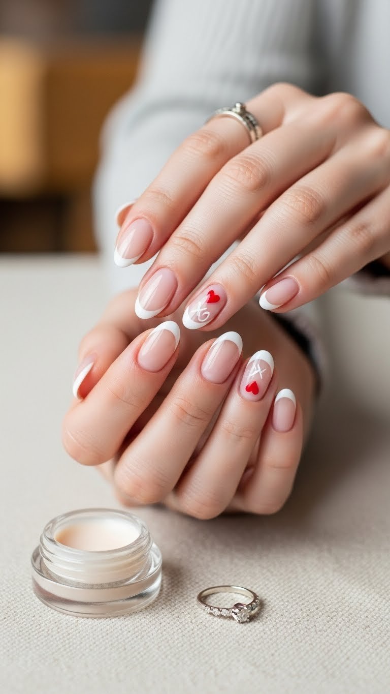 Subtle French tip oval nails with a red heart and XO symbol, neutral beige linen, cuticle cream, and a silver ring.