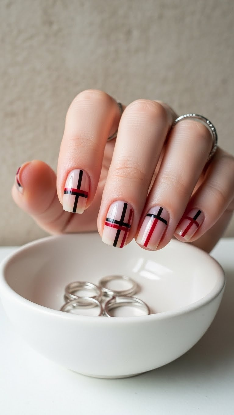 Subtle black and deep red negative space nail art with geometric lines on natural short nails, silver rings.