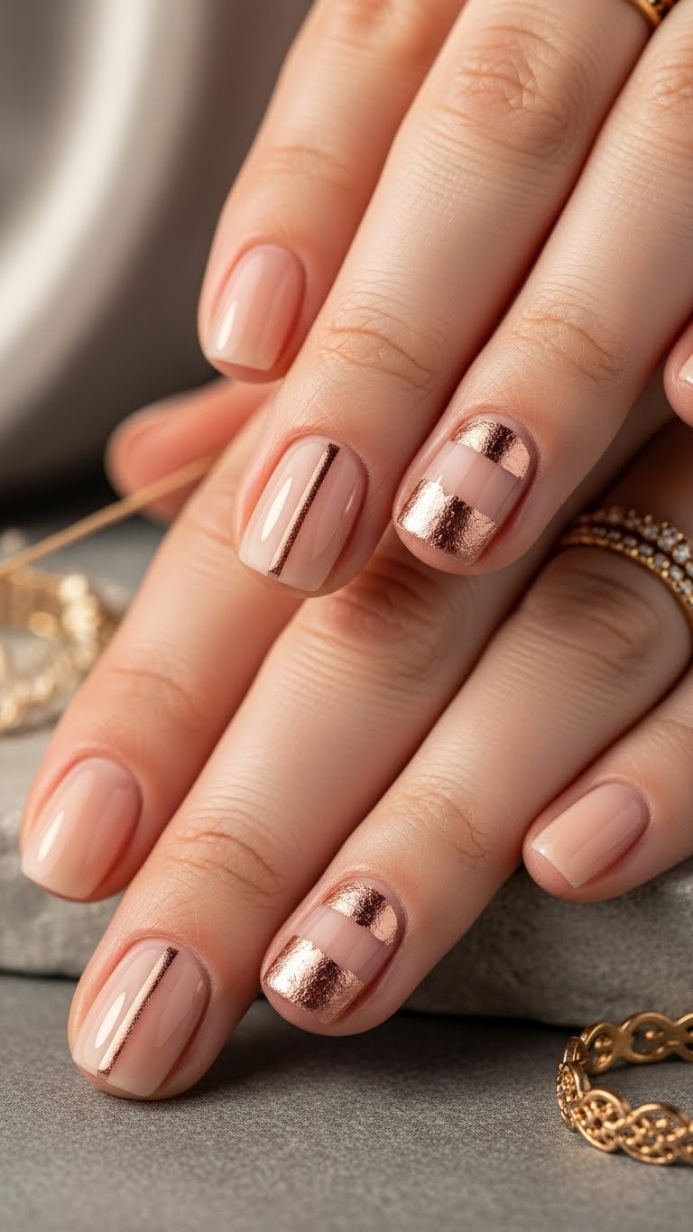 Subtle minimalist nail art: rose gold foil strip on light nude natural nails, accented by an intricate gold ring.