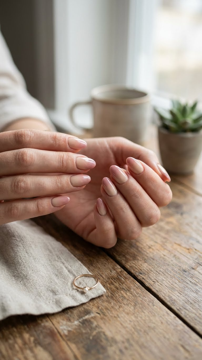 Subtle nude and dusty rose ombre on short almond nails. Elegant, natural gradient on rustic table with gold ring.