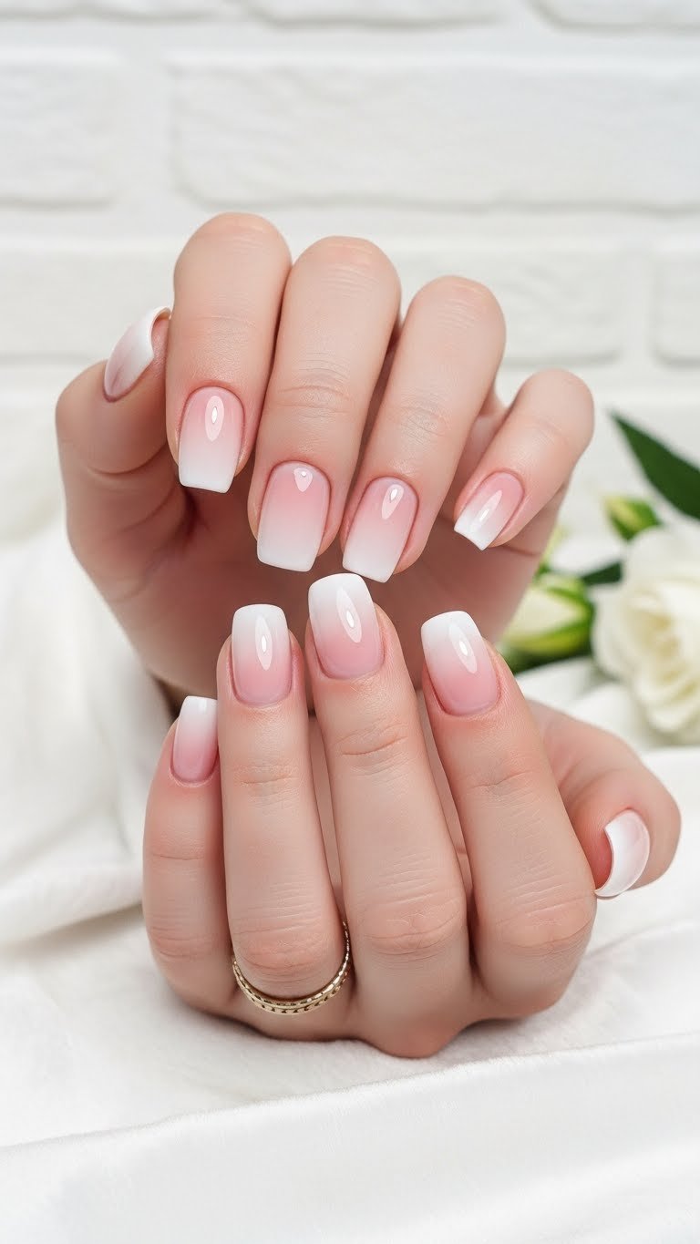 Subtle ombré Valentine's Day nails: baby boomer style with light pink to sheer white gradient, elegant white flower bud.