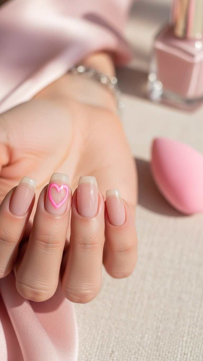Subtle pink aura heart negative space nail art with a gradient sponge technique on a clear nail. Ethereal, romantic manicure.
