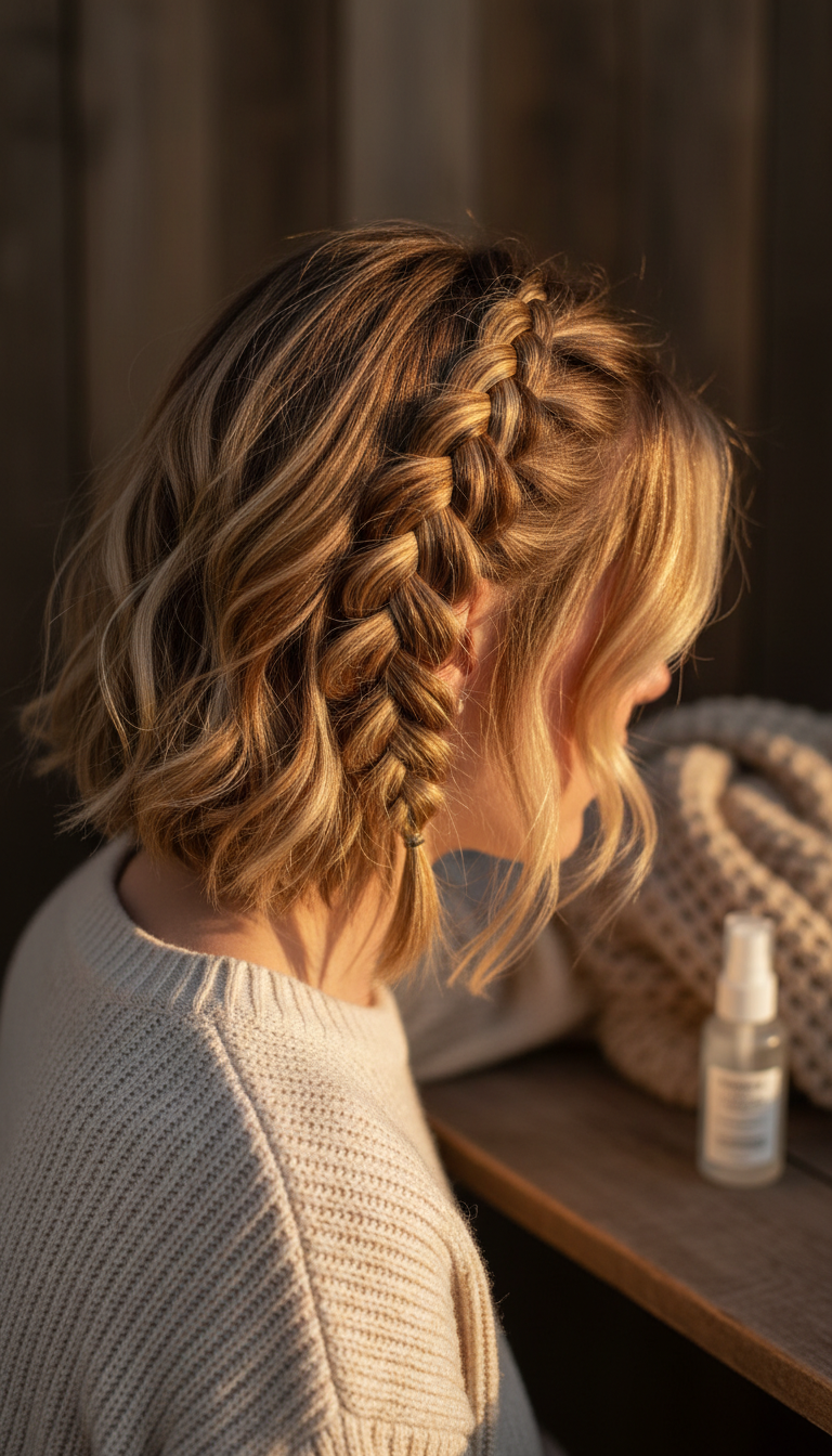 Subtle, textured fishtail braid accent on the side of short hair, adding dimension to pixie or bob styles. Golden hour light.