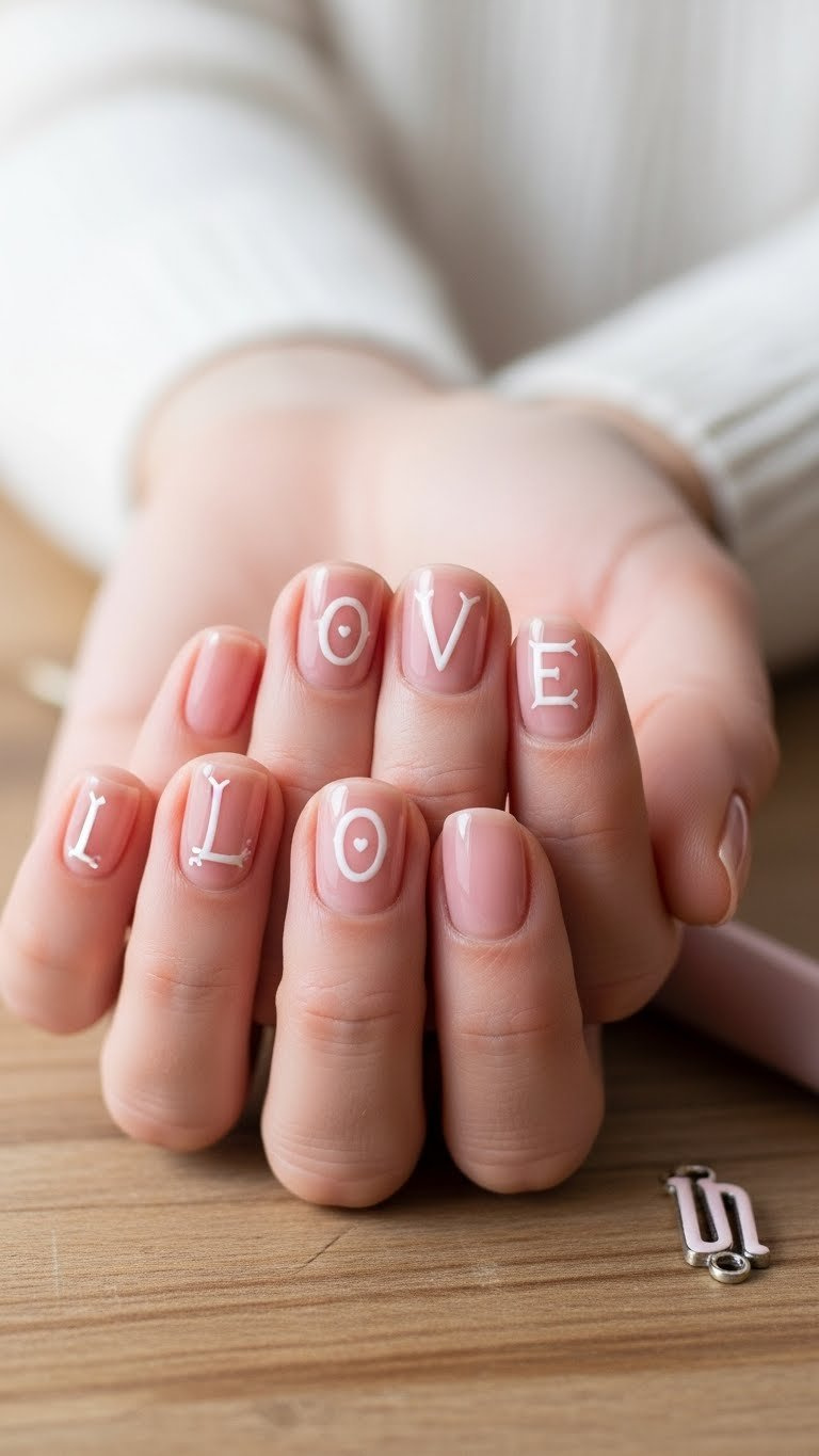 Sweet short natural Valentine's Day nails featuring micro white 'L-O-V-E' script on sheer pink, on a wood table.