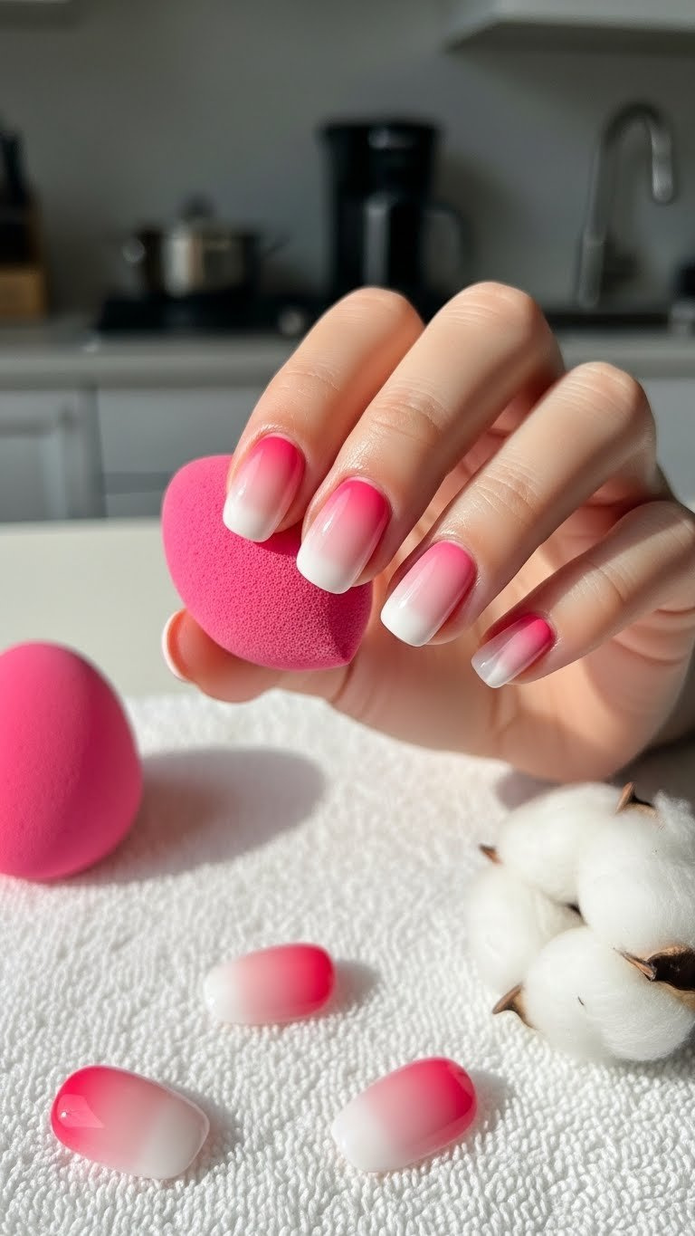 Sweet short round Valentine's Day nails with a soft pink and white ombre gradient, next to a cosmetic sponge.