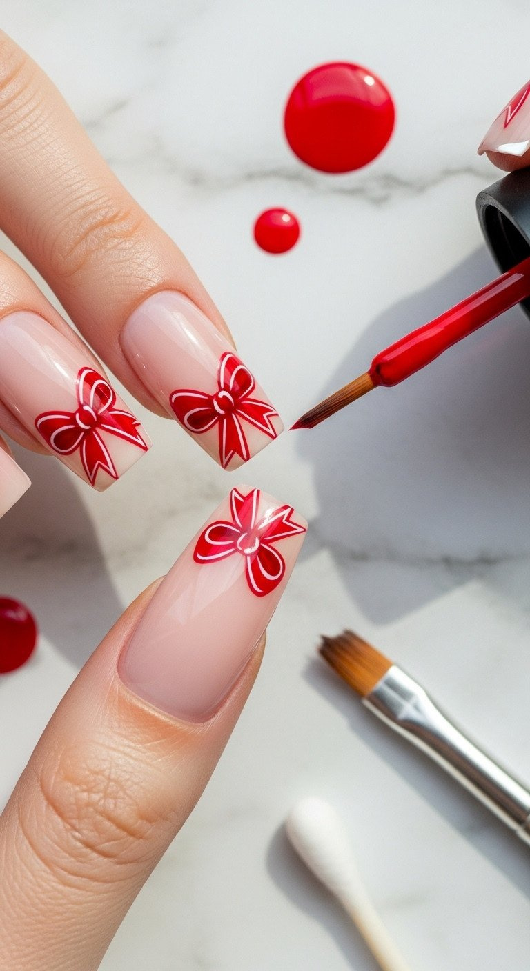 Symmetrical hand-painted red bow on a nude square nail, emphasizing crisp lines with detailing tools on a marble countertop.
